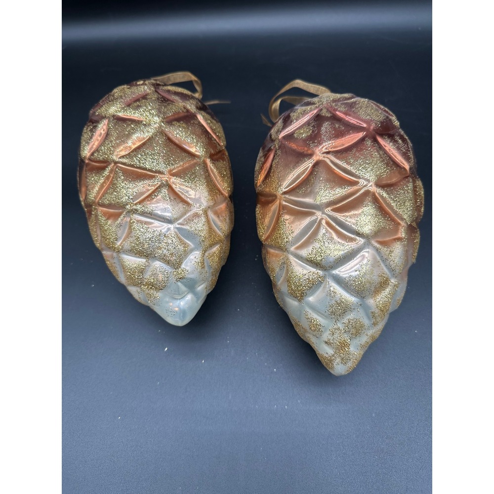 Oversized Plastic Pinecone Ornaments Set of 2 Gold Glitter Holiday Christmas